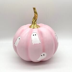 Pink Ghost Pumpkin With Gold Stem Candy Corn Lane 11.5” Halloween New FLAW